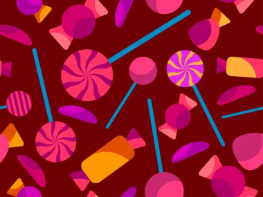 Cadılar Bayramı şekerleriyle kusursuz desen. Cadılar Bayramı şekerleri ve lolipoplar, şeker ya da şaka. Duvar kağıtları, ambalajlar, kapaklar ve afişler için yayılmış şeker tasarımı. Vektör illüstrasyonu