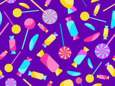 Cadılar Bayramı şekerleriyle kusursuz desen. Cadılar Bayramı şekerleri ve lolipoplar, şeker ya da şaka. Duvar kağıtları, ambalajlar, kapaklar ve afişler için yayılmış şeker tasarımı. Vektör illüstrasyonu