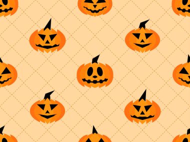 Cadılar Bayramı balkabakları kusursuz desen. Cadılar Bayramı oyulmuş kabak surat. 31 Ekim Cadılar Bayramın kutlu olsun, şeker mi şaka mı? Balkabağı feneri. Baskı, posterler ve afişler için tasarım. Vektör illüstrasyonu