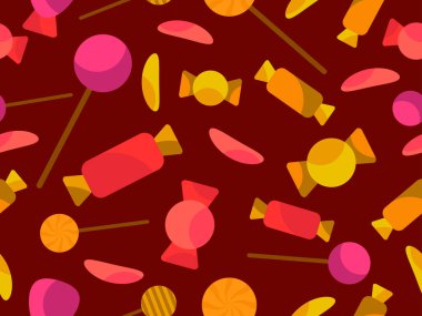 Cadılar Bayramı şekerleriyle kusursuz desen. Cadılar Bayramı şekerleri ve lolipoplar, şeker ya da şaka. Duvar kağıtları, ambalajlar, kapaklar ve afişler için yayılmış şeker tasarımı. Vektör illüstrasyonu