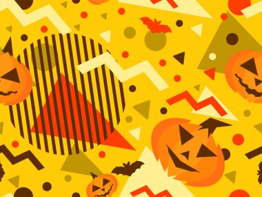 80 'lerin memphis tarzında geometrik şekilli kusursuz bir Cadılar Bayramı deseni. Yarasalarla ve geometrik şekillerle oyulmuş Cadılar Bayramı balkabağı. Fenerli Jack, şeker mi şaka mı? Vektör illüstrasyonu