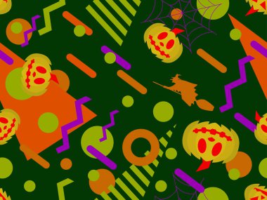 80 'lerin Memphis tarzında geometrik şekilli kusursuz bir Cadılar Bayramı deseni. Süpürgeye uçan cadılarla oyulmuş Cadılar Bayramı kabağı. Balkabağı feneri, şeker mi şaka mı? Vektör illüstrasyonu