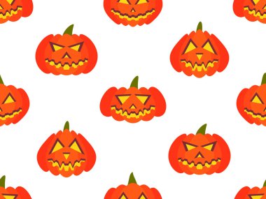 Cadılar Bayramı balkabakları kusursuz desen. Cadılar Bayramı oyulmuş kabak surat. 31 Ekim Cadılar Bayramın kutlu olsun, şeker mi şaka mı? Balkabağı feneri. Baskı, posterler ve afişler için tasarım. Vektör illüstrasyonu