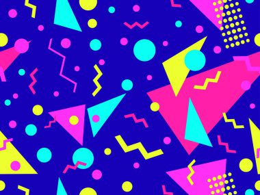 80 'lerin memphis stilinde elementlerle geometrik ve pürüzsüz desen. Geometrik şekiller daireler, üçgenler ve zikzaklar. Baskı için soyut tasarım, ambalajlar, kapaklar, afişler ve posterler. Vektör illüstrasyonu