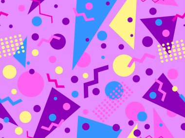 80 'lerin memphis stilinde elementlerle geometrik ve pürüzsüz desen. Geometrik şekiller daireler, üçgenler ve zikzaklar. Baskı için soyut tasarım, ambalajlar, kapaklar, afişler ve posterler. Vektör illüstrasyonu