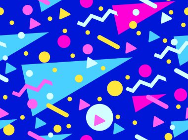 80 'lerin memphis stilinde elementlerle geometrik ve pürüzsüz desen. Geometrik şekiller daireler, üçgenler ve zikzaklar. Baskı için soyut tasarım, ambalajlar, kapaklar, afişler ve posterler. Vektör illüstrasyonu