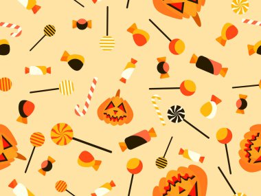 Balkabakları ve şekerler pürüzsüz desen. Cadılar Bayramı şekerli ve lolipoplu balkabağı. Balkabağı feneri, şeker mi şaka mı? Duvar kağıtları, ambalajlar, kapaklar ve afişler için tasarım. Vektör illüstrasyonu