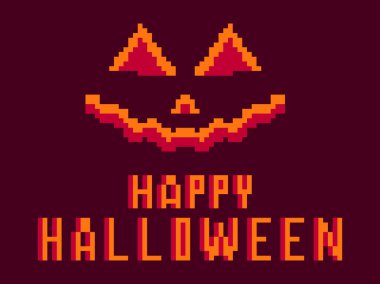 Mutlu Cadılar Bayramı korkunç balkabağı surat pikseli sanat stili. Balkabağı feneri. 80 'lerin oyunlarının 8 bit retro grafik tarzında oyulmuş kabak surat. Oyunlar, uygulamalar, afişler ve posterler için tasarım. Vektör illüstrasyonu