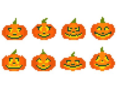 Cadılar Bayramı balkabağı ikonları piksele benzer şekilde dizilmiş. 8-bit retro grafik pikselli kabaklar ve oyulmuş korkunç yüzler. Uygulamalar, afişler ve posterler için Jack-o-fener tasarımı. Vektör illüstrasyonu