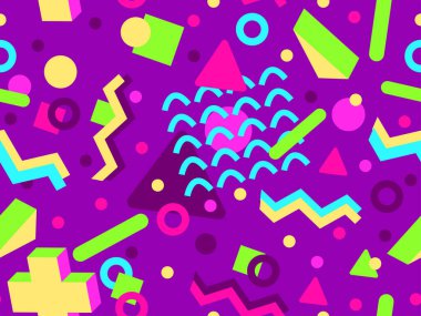 80 'lerin memphis tarzında 3 boyutlu geometrik şekilli kusursuz desen. Renkli arka plan ve izometrik geometrik şekiller. Duvar kağıtları, ambalajlar, kapaklar ve afişler için tasarım. Vektör illüstrasyonu