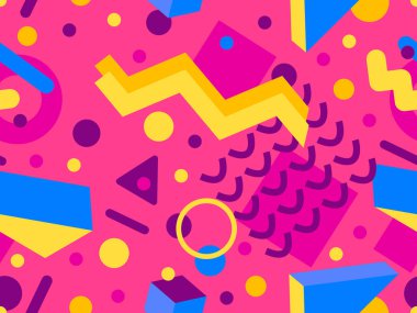 80 'lerin memphis tarzında 3 boyutlu geometrik şekilli kusursuz desen. Renkli arka plan ve izometrik geometrik şekiller. Duvar kağıtları, ambalajlar, kapaklar ve afişler için tasarım. Vektör illüstrasyonu