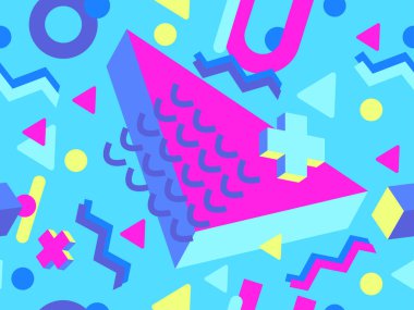 80 'lerin memphis tarzında 3 boyutlu geometrik şekilli kusursuz desen. Renkli arka plan ve izometrik geometrik şekiller. Duvar kağıtları, ambalajlar, kapaklar ve afişler için tasarım. Vektör illüstrasyonu