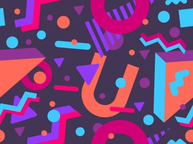 80 'lerin memphis tarzında 3 boyutlu geometrik şekilli kusursuz desen. Renkli arka plan ve izometrik geometrik şekiller. Duvar kağıtları, ambalajlar, kapaklar ve afişler için tasarım. Vektör illüstrasyonu