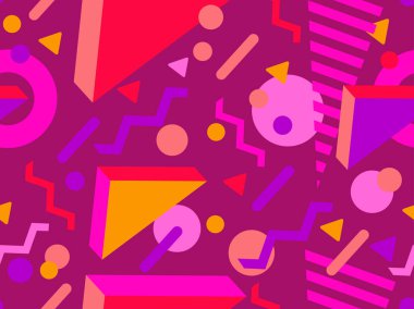 80 'lerin memphis tarzında 3 boyutlu geometrik şekilli kusursuz desen. Renkli arka plan ve izometrik geometrik şekiller. Duvar kağıtları, ambalajlar, kapaklar ve afişler için tasarım. Vektör illüstrasyonu