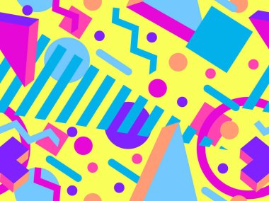 80 'lerin memphis tarzında 3 boyutlu geometrik şekilli kusursuz desen. Renkli arka plan ve izometrik geometrik şekiller. Duvar kağıtları, ambalajlar, kapaklar ve afişler için tasarım. Vektör illüstrasyonu