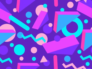 80 'lerin memphis tarzında 3 boyutlu geometrik şekilli kusursuz desen. Renkli arka plan ve izometrik geometrik şekiller. Duvar kağıtları, ambalajlar, kapaklar ve afişler için tasarım. Vektör illüstrasyonu