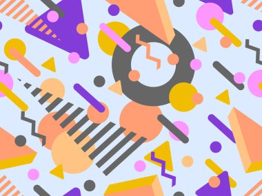 80 'lerin memphis tarzında 3 boyutlu geometrik şekilli kusursuz desen. Renkli arka plan ve izometrik geometrik şekiller. Duvar kağıtları, ambalajlar, kapaklar ve afişler için tasarım. Vektör illüstrasyonu