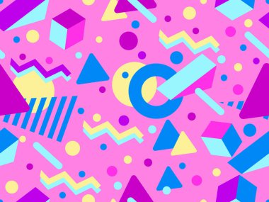 80 'lerin memphis tarzında 3 boyutlu geometrik şekilli kusursuz desen. Renkli arka plan ve izometrik geometrik şekiller. Duvar kağıtları, ambalajlar, kapaklar ve afişler için tasarım. Vektör illüstrasyonu