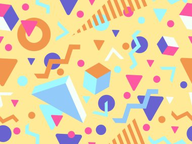 80 'lerin memphis tarzında 3 boyutlu geometrik şekilli kusursuz desen. Renkli arka plan ve izometrik geometrik şekiller. Duvar kağıtları, ambalajlar, kapaklar ve afişler için tasarım. Vektör illüstrasyonu