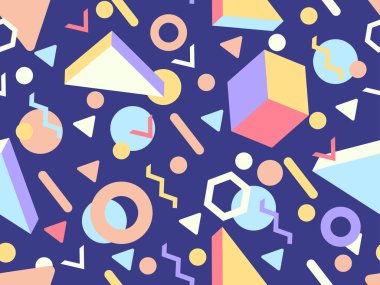 80 'lerin memphis tarzında 3 boyutlu geometrik şekilli kusursuz desen. Renkli arka plan ve izometrik geometrik şekiller. Duvar kağıtları, ambalajlar, kapaklar ve afişler için tasarım. Vektör illüstrasyonu