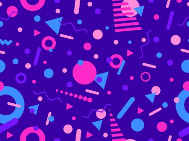 80 'lerin tarzında Memphis elementleriyle geometrik kusursuz desen. Renkli geometrik desen. Promosyon ürünleri tasarımı, ambalaj kağıdı ve baskı. Vektör illüstrasyonu