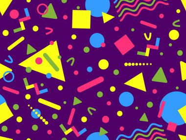 80 'lerin tarzında Memphis elementleriyle geometrik kusursuz desen. Renkli geometrik desen. Promosyon ürünleri tasarımı, ambalaj kağıdı ve baskı. Vektör illüstrasyonu