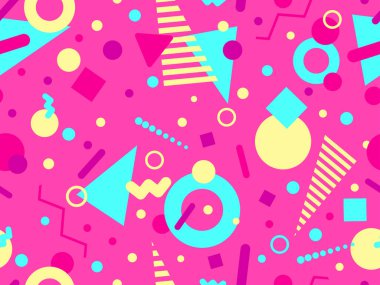 80 'lerin tarzında Memphis elementleriyle geometrik kusursuz desen. Renkli geometrik desen. Promosyon ürünleri tasarımı, ambalaj kağıdı ve baskı. Vektör illüstrasyonu