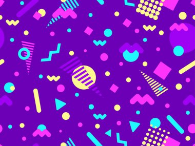 80 'lerin tarzında Memphis elementleriyle geometrik kusursuz desen. Renkli geometrik desen. Promosyon ürünleri tasarımı, ambalaj kağıdı ve baskı. Vektör illüstrasyonu