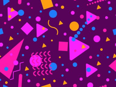 80 'lerin tarzında Memphis elementleriyle geometrik kusursuz desen. Renkli geometrik desen. Promosyon ürünleri tasarımı, ambalaj kağıdı ve baskı. Vektör illüstrasyonu