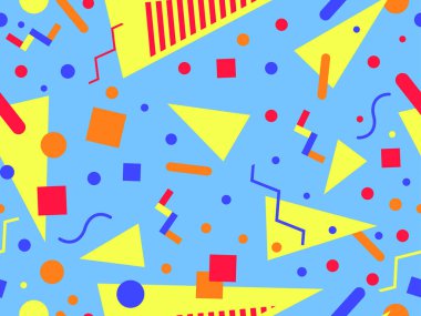 80 'lerin tarzında Memphis elementleriyle geometrik kusursuz desen. Renkli geometrik desen. Promosyon ürünleri tasarımı, ambalaj kağıdı ve baskı. Vektör illüstrasyonu
