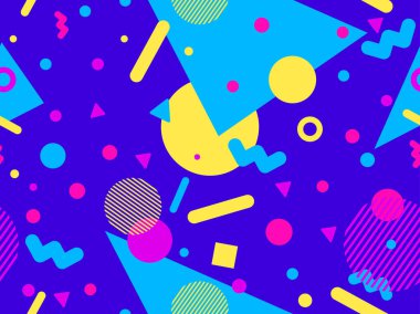 80 'lerin tarzında Memphis elementleriyle geometrik kusursuz desen. Renkli geometrik desen. Promosyon ürünleri tasarımı, ambalaj kağıdı ve baskı. Vektör illüstrasyonu