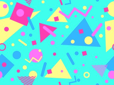 80 'lerin tarzında Memphis elementleriyle geometrik kusursuz desen. Renkli geometrik desen. Promosyon ürünleri tasarımı, ambalaj kağıdı ve baskı. Vektör illüstrasyonu