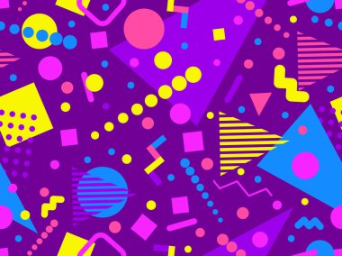 80 'lerin tarzında Memphis elementleriyle geometrik kusursuz desen. Renkli geometrik desen. Promosyon ürünleri tasarımı, ambalaj kağıdı ve baskı. Vektör illüstrasyonu