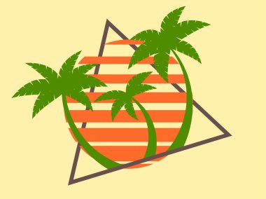 80s retro sci-fi palm trees on a sunset. Retro futuristic sun with palm trees in a triangular frame. Synthwave style. Design for advertising brochures, banners and posters. Vector illustration clipart