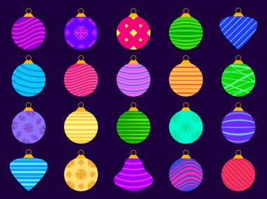 Noel baloları hazır. Noel süsleri, her süs, kar taneleri ve çizgili desenlerle süslenmiş. Ambalajlar, kapaklar, afişler ve posterler için Xmas tasarımı. Vektör illüstrasyonu