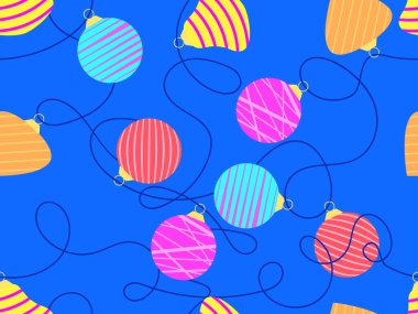 Noel toplarıyla kusursuz bir yeni yıl düzeni. Renkli Noel ağacı topları olan çelenkler bir ipte asılı. Duvar kağıtları, kapaklar, afişler ve posterler için Xmas tasarımı. Vektör illüstrasyonu