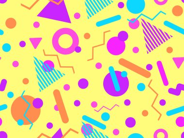 80 'lerin tarzında Memphis elementleriyle geometrik kusursuz desen. Renkli geometrik desen. Promosyon ürünleri tasarımı, ambalaj kağıdı ve baskı. Vektör illüstrasyonu