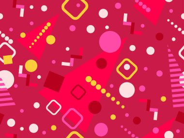 80 'lerin tarzında Memphis elementleriyle geometrik kusursuz desen. Renkli geometrik desen. Promosyon ürünleri tasarımı, ambalaj kağıdı ve baskı. Vektör illüstrasyonu