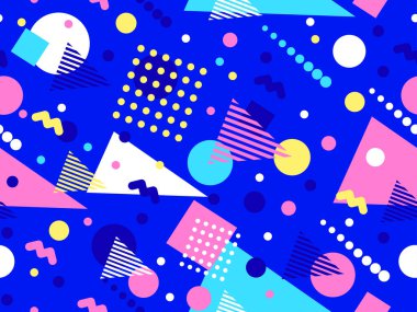 80 'lerin tarzında Memphis elementleriyle geometrik kusursuz desen. Renkli geometrik desen. Promosyon ürünleri tasarımı, ambalaj kağıdı ve baskı. Vektör illüstrasyonu