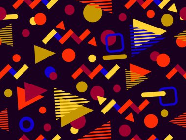 80 'lerin tarzında Memphis elementleriyle geometrik kusursuz desen. Renkli geometrik desen. Promosyon ürünleri tasarımı, ambalaj kağıdı ve baskı. Vektör illüstrasyonu