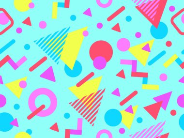 80 'lerin tarzında Memphis elementleriyle geometrik kusursuz desen. Renkli geometrik desen. Promosyon ürünleri tasarımı, ambalaj kağıdı ve baskı. Vektör illüstrasyonu