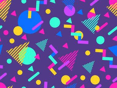 80 'lerin tarzında Memphis elementleriyle geometrik kusursuz desen. Renkli geometrik desen. Promosyon ürünleri tasarımı, ambalaj kağıdı ve baskı. Vektör illüstrasyonu