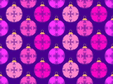 Noel topları kusursuz desen. Noel Ağacı Baloları kar taneleri desenleriyle süslenmiştir. Noel Ağacı Topları. Ambalajlar, kapaklar, afişler ve posterler için Xmas tasarımı. Vektör illüstrasyonu