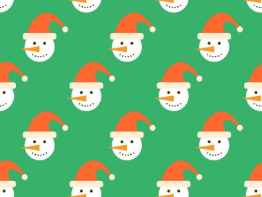 Noel şapkası takan kardan adam kusursuz desenli. Yeşil arka planda, turuncu havuç burunlu kırmızı Noel şapkaları takan bir kardan adam. Pankart ve duvar kağıdı için Xmas tasarımı. Vektör illüstrasyonu