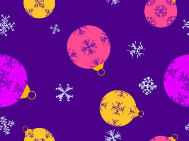 Noel topları kusursuz desen. Noel Ağacı Baloları kar taneleri desenleriyle süslenmiştir. Noel Ağacı Topları. Ambalajlar, kapaklar, afişler ve posterler için Xmas tasarımı. Vektör illüstrasyonu