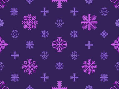 Kar taneleri pürüzsüz desenli. Kış arka planında farklı şekillerde geometrik kar taneleri var. Ambalaj kağıdı, afiş ve poster için Noel ve Yeni Yıl tasarımı. Vektör illüstrasyonu