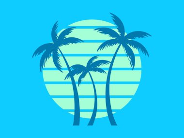 Tropical palm trees at sunset in a futuristic 80s style. Summer time, silhouettes of palm trees in synthwave and retrowave style. Design of advertising booklets and banners. vector illustration