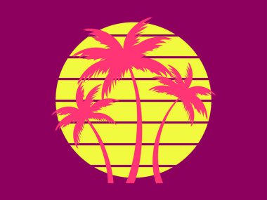 Tropical palm trees at sunset in a futuristic 80s style. Summer time, silhouettes of palm trees in synthwave and retrowave style. Design of advertising booklets and banners. vector illustration