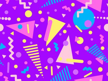 80 'lerin tarzında Memphis elementleriyle geometrik kusursuz desen. Renkli geometrik desen. Promosyon ürünleri tasarımı, ambalaj kağıdı ve baskı. Vektör illüstrasyonu