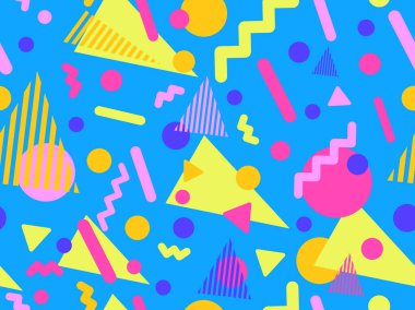 80 'lerin tarzında Memphis elementleriyle geometrik kusursuz desen. Renkli geometrik desen. Promosyon ürünleri tasarımı, ambalaj kağıdı ve baskı. Vektör illüstrasyonu